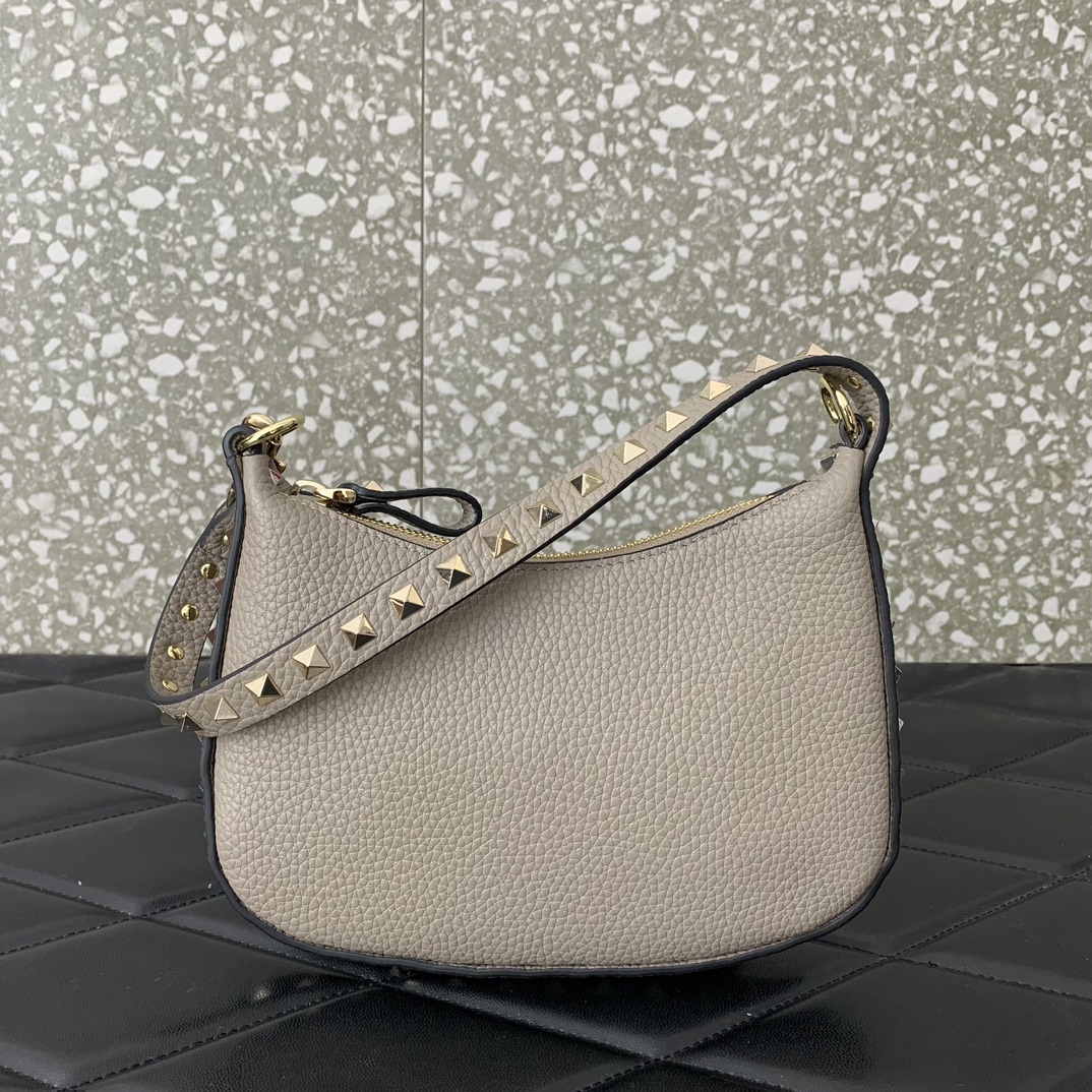 Valentino Garavani Rockstud Mini Hobo Bag in Grey Grainy Calfskin